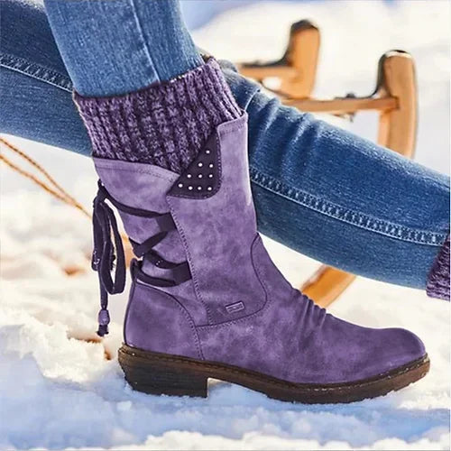 Nora - Damen Winterstiefel mit Reißverschluss und Strickbund warm gefüttert