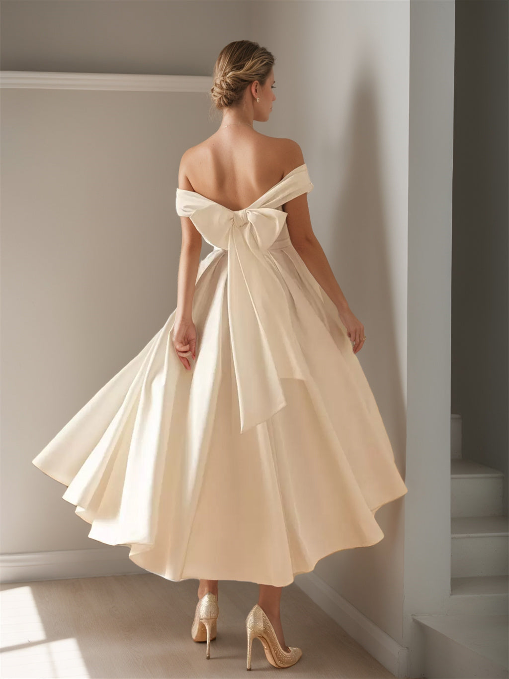 Amara – Damen Off-Shoulder Midikleid mit schwingendem Rock
