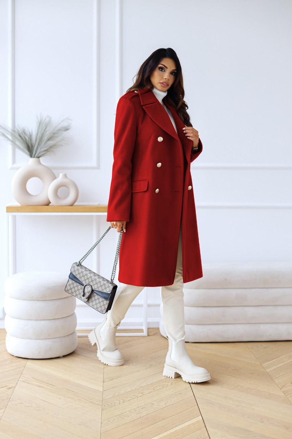 Alessia - Damen Wolle Wintermantel lang elegant klassisch warm
