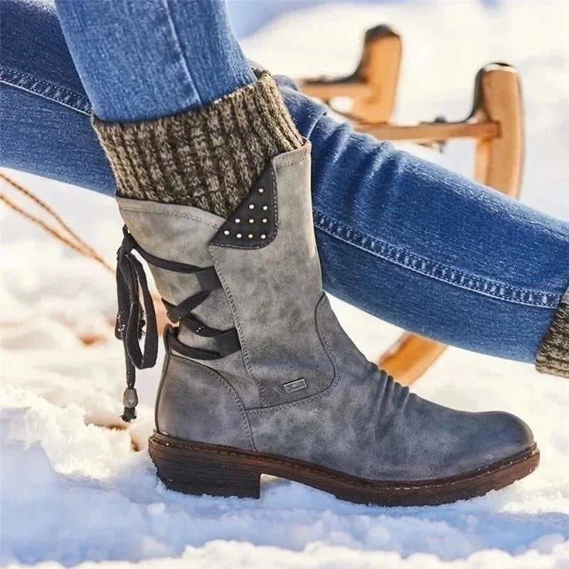Nora - Damen Winterstiefel mit Reißverschluss und Strickbund warm gefüttert
