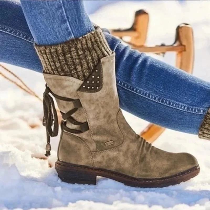 Nora - Damen Winterstiefel mit Reißverschluss und Strickbund warm gefüttert