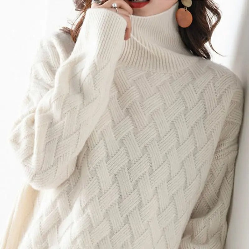 Sophie - Damen kaschmir iStrickpullover mit Zopfmuster und Stehkragen