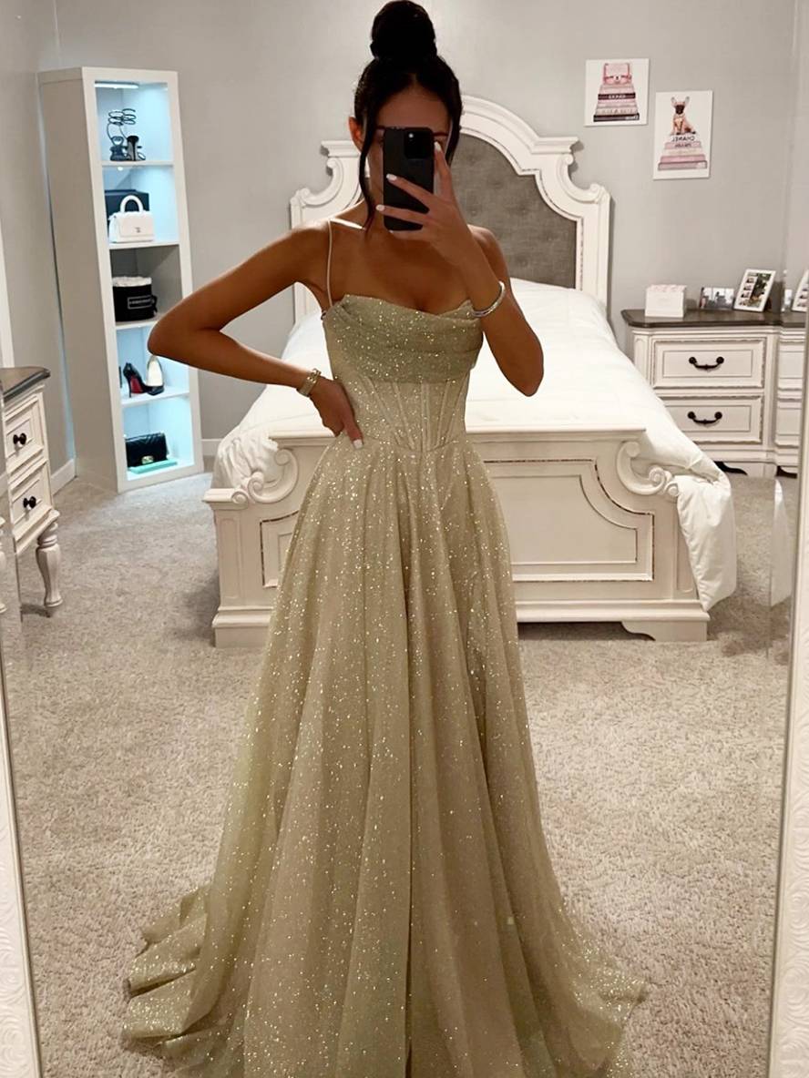 Serena – Damen Abendkleid mit Spaghettiträgern und Glitzer-Effekt