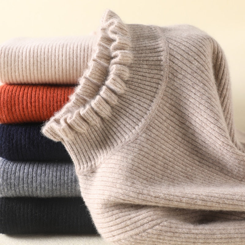 Sophia – Damen Strickpullover mit Rüschen Rollkragen