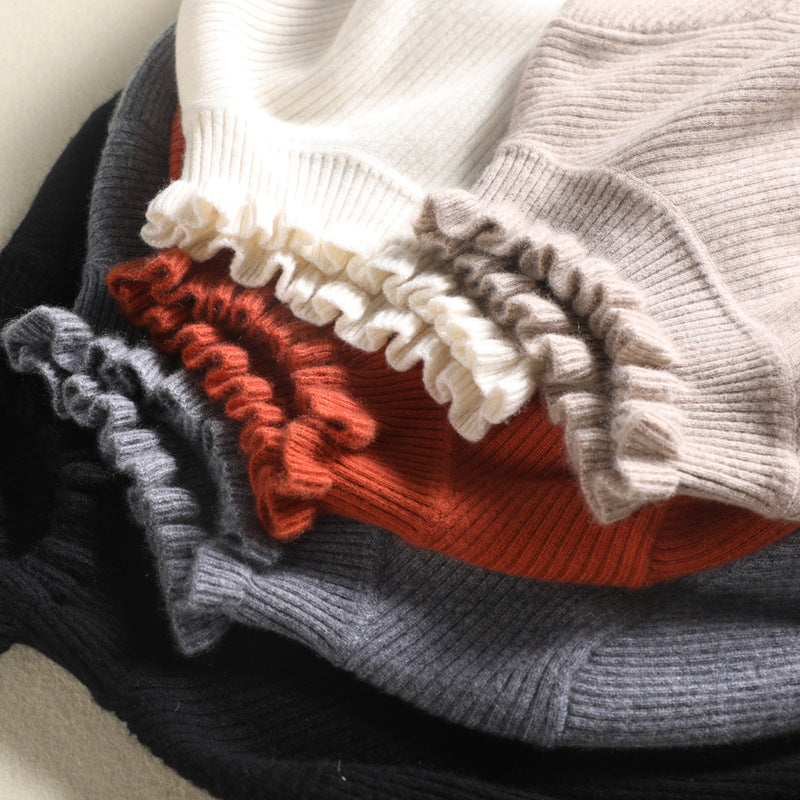 Sophia – Damen Strickpullover mit Rüschen Rollkragen