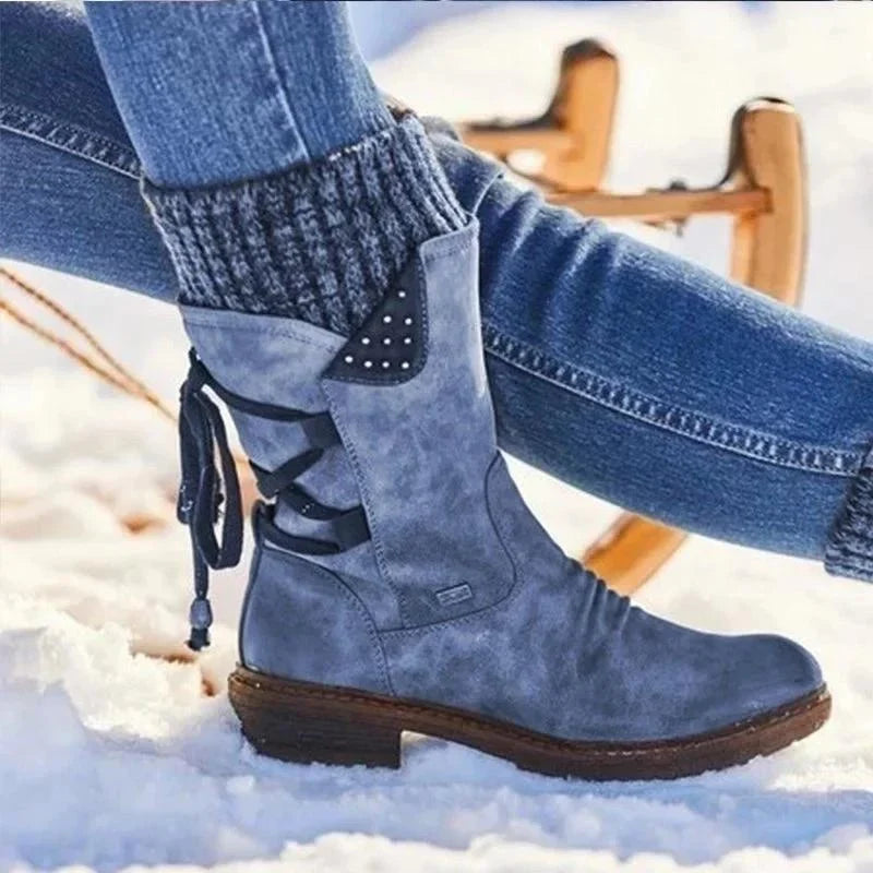 Nora - Damen Winterstiefel mit Reißverschluss und Strickbund warm gefüttert