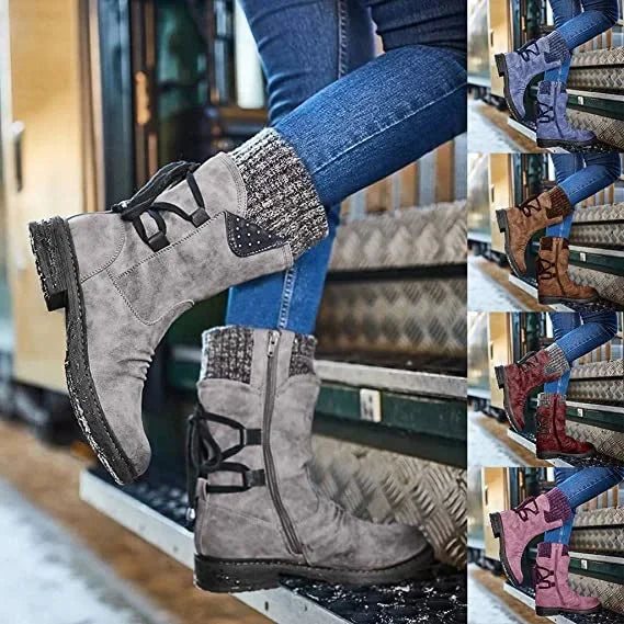 Nora - Damen Winterstiefel mit Reißverschluss und Strickbund warm gefüttert