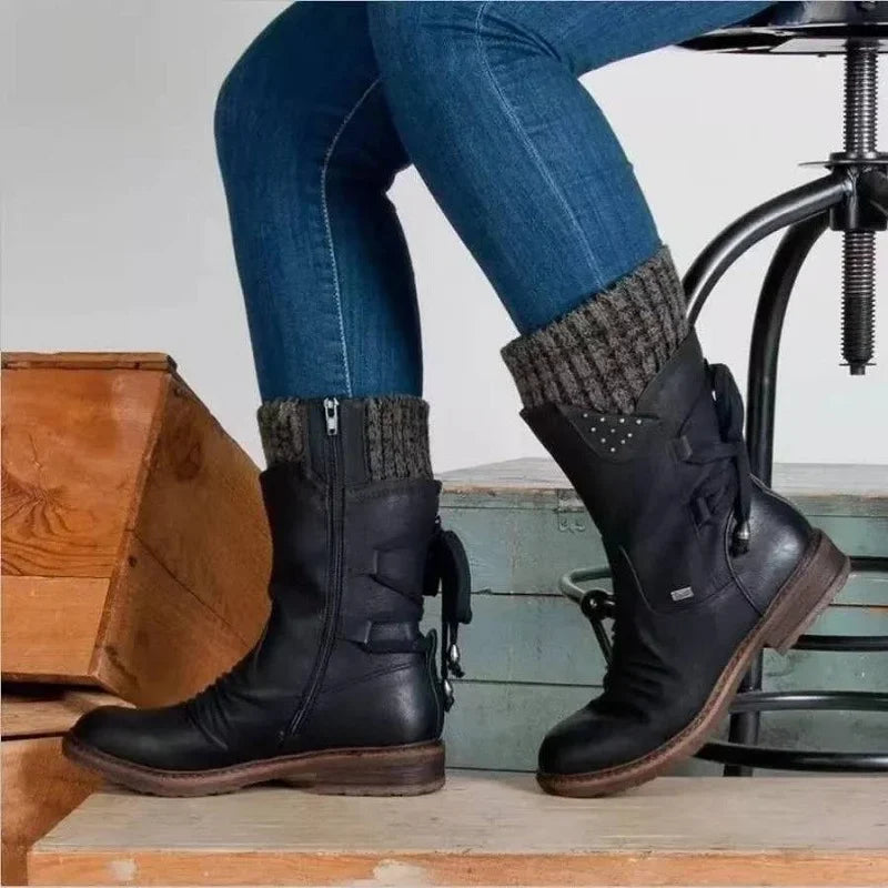 Nora - Damen Winterstiefel mit Reißverschluss und Strickbund warm gefüttert