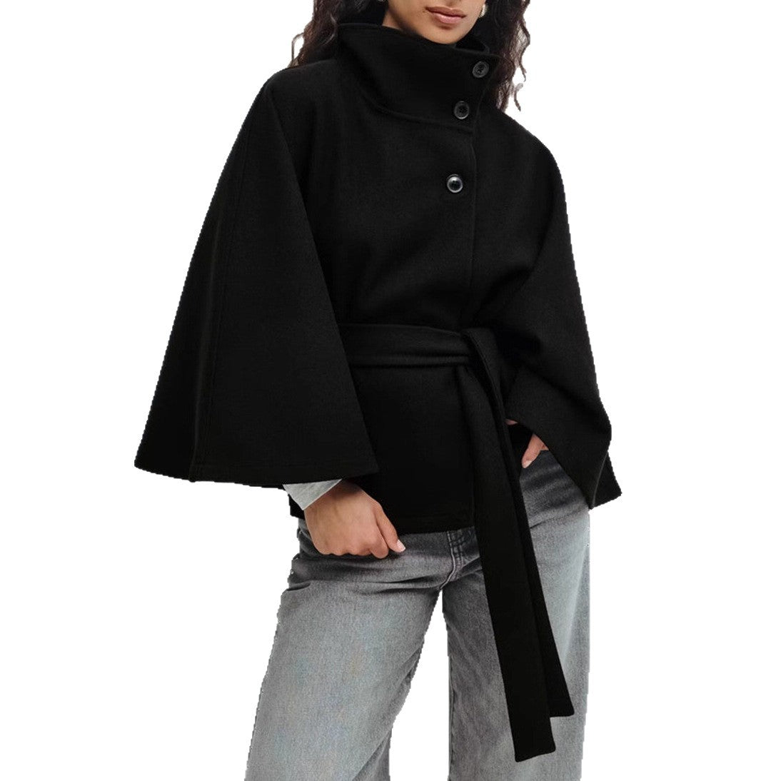 Clara - Cape-Mantel für Damen mit hohem Kragen und Bindegürtel