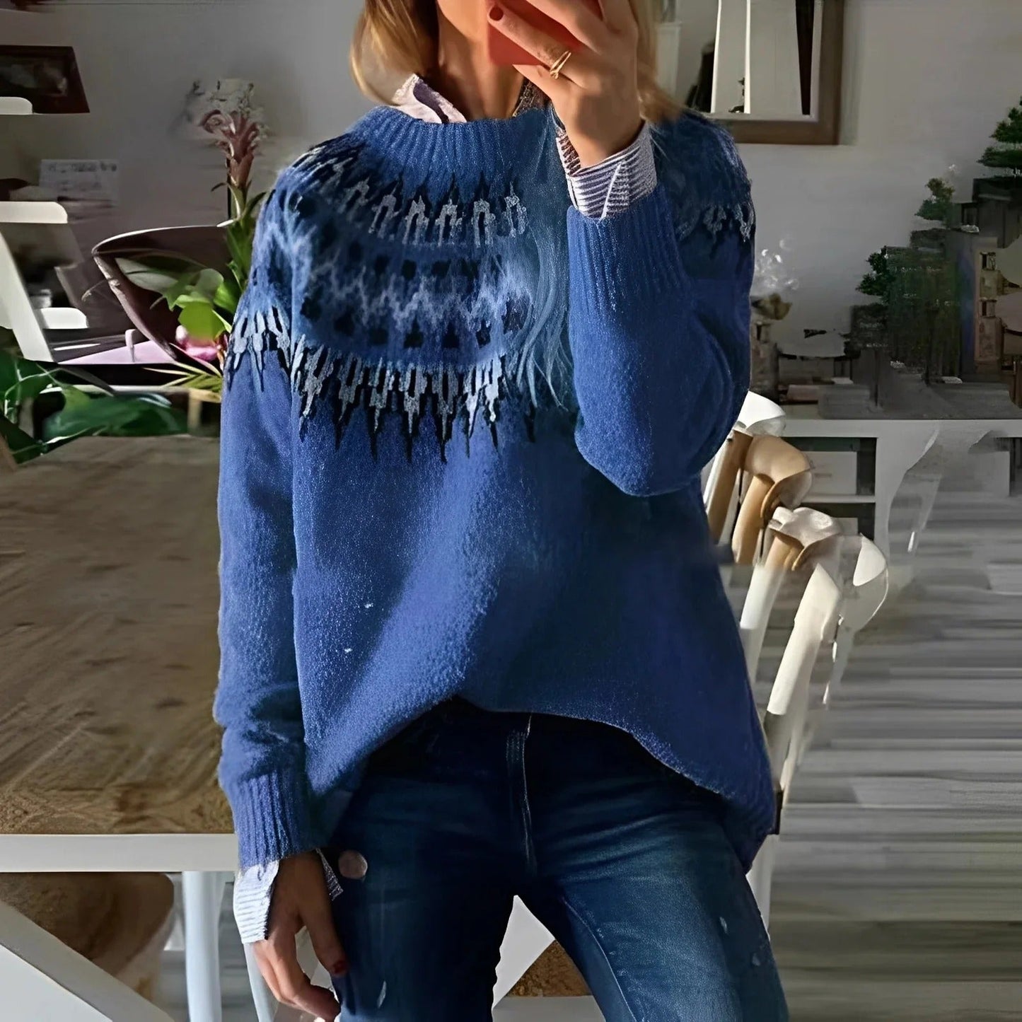 Liora – Damen Strickpullover mit Norwegermuster und Stehkragen