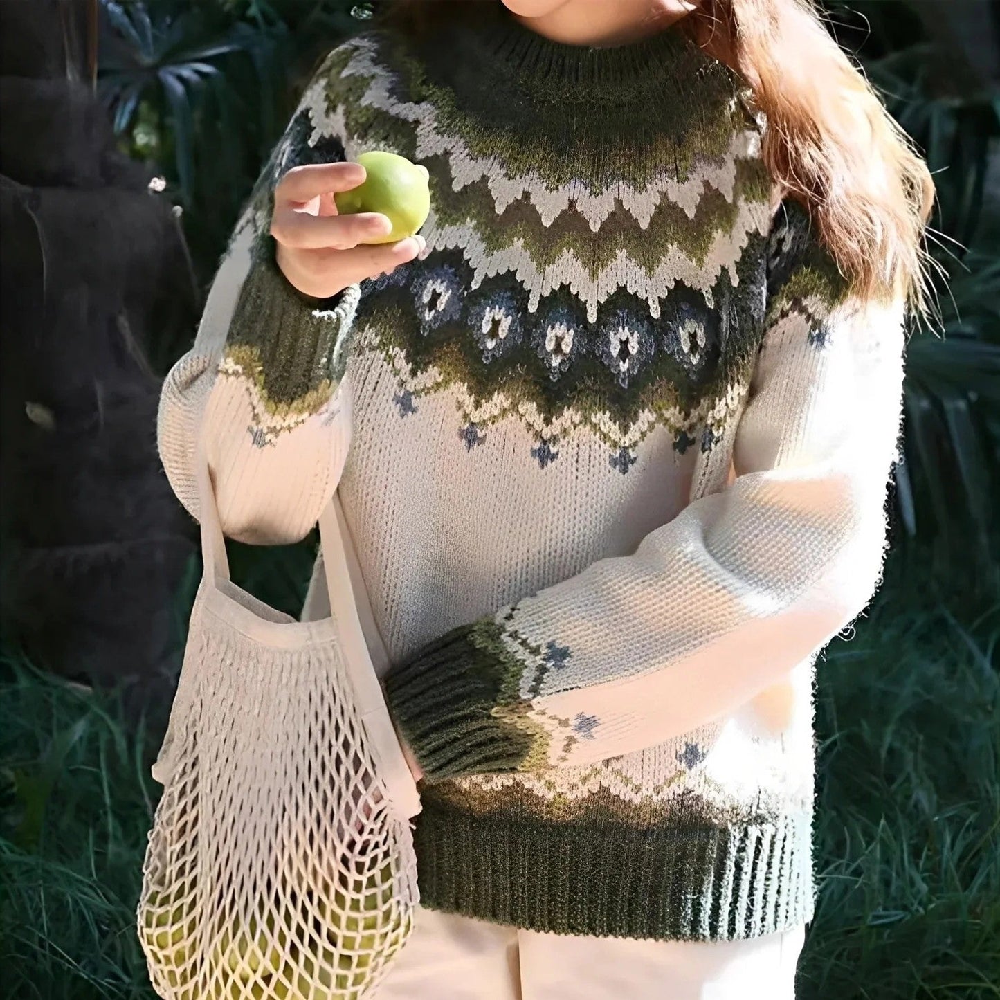 Liora – Damen Strickpullover mit Norwegermuster und Stehkragen