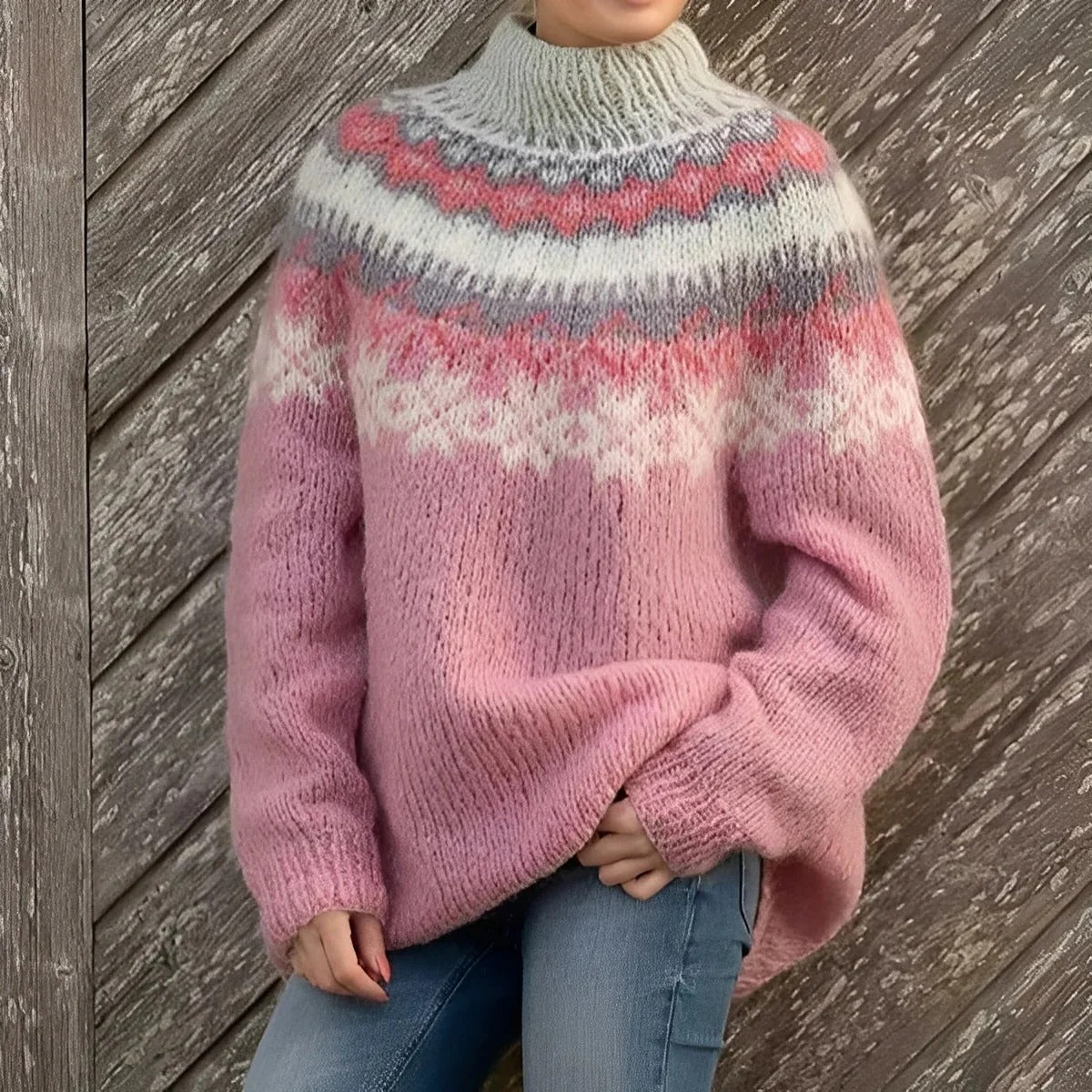 Liora – Damen Strickpullover mit Norwegermuster und Stehkragen
