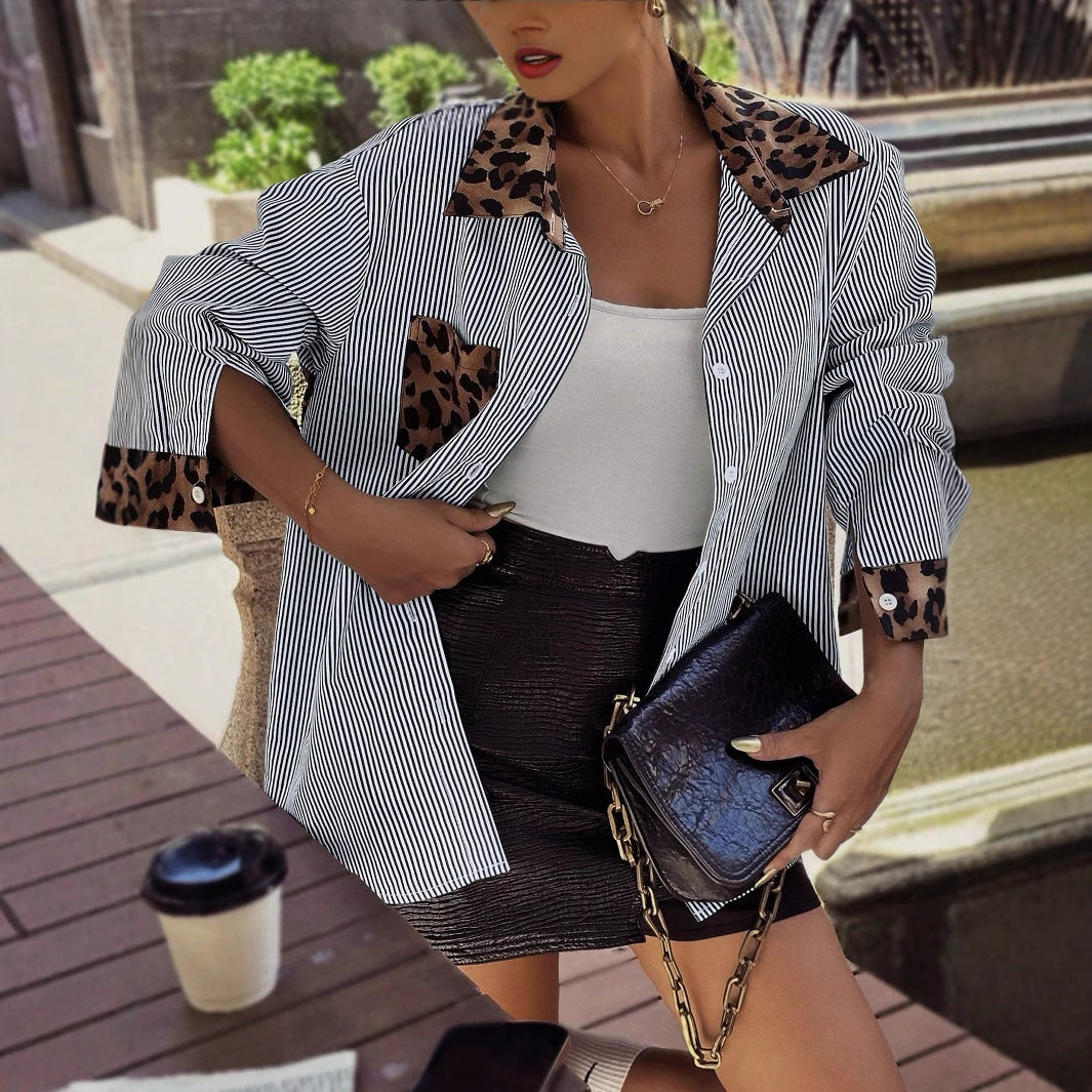 Elena - Gestreifte Damenbluse mit Leoparden-Details