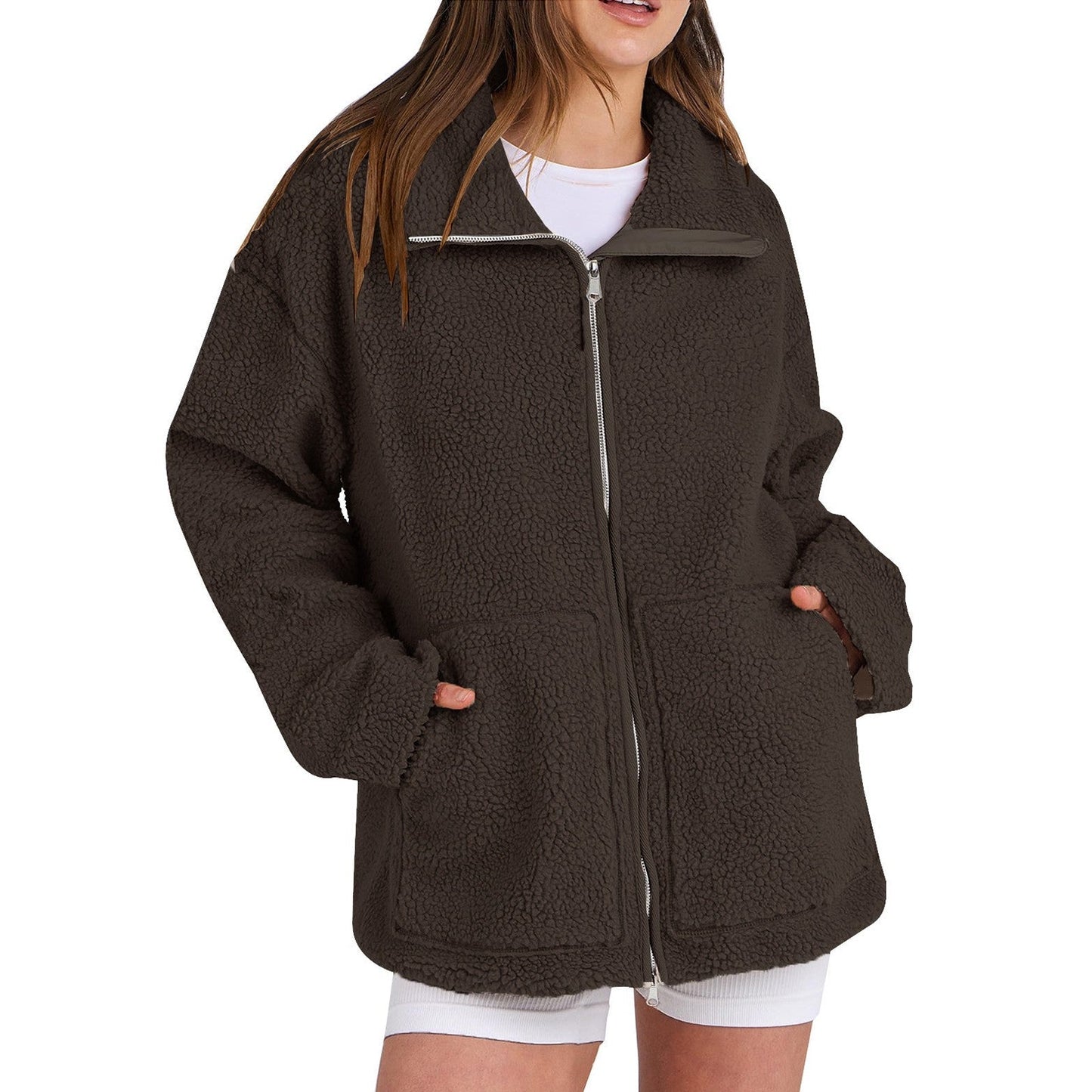 Amaya – Damen Teddyjacke mit Reißverschluss und Taschen