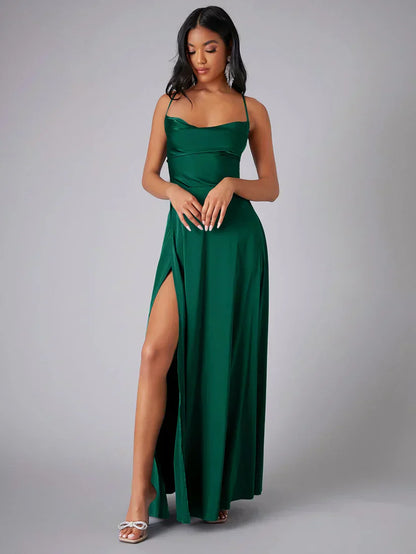 Valentina – Satin-Abendkleid Damen mit Schlitz und feinen Trägern