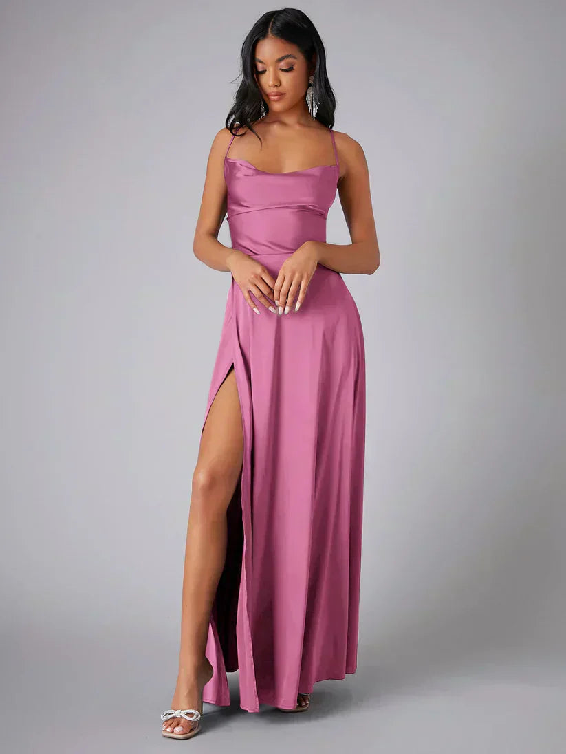 Valentina – Satin-Abendkleid Damen mit Schlitz und feinen Trägern