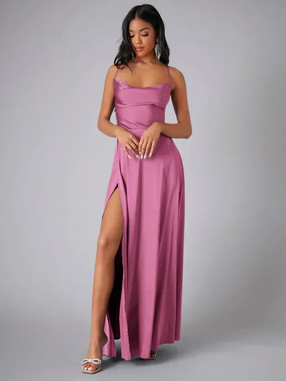 Valentina – Satin-Abendkleid Damen mit Schlitz und feinen Trägern