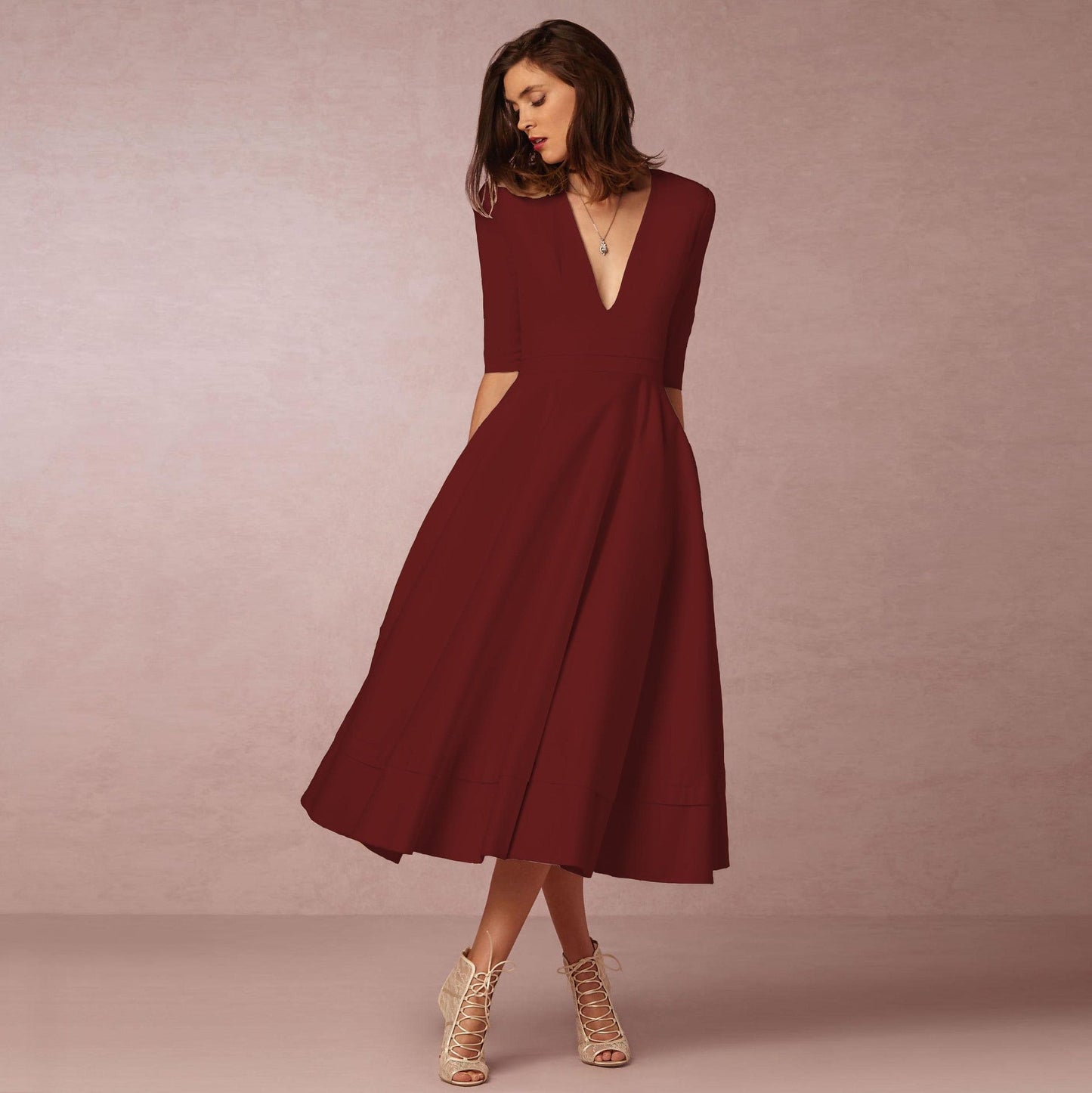 Hannah – Elegantes Midi Kleid Damen mit tiefem V-Ausschnitt