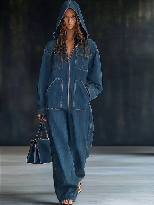 Maja – Lockerer Denim-Hoodie-Jumpsuit für Damen