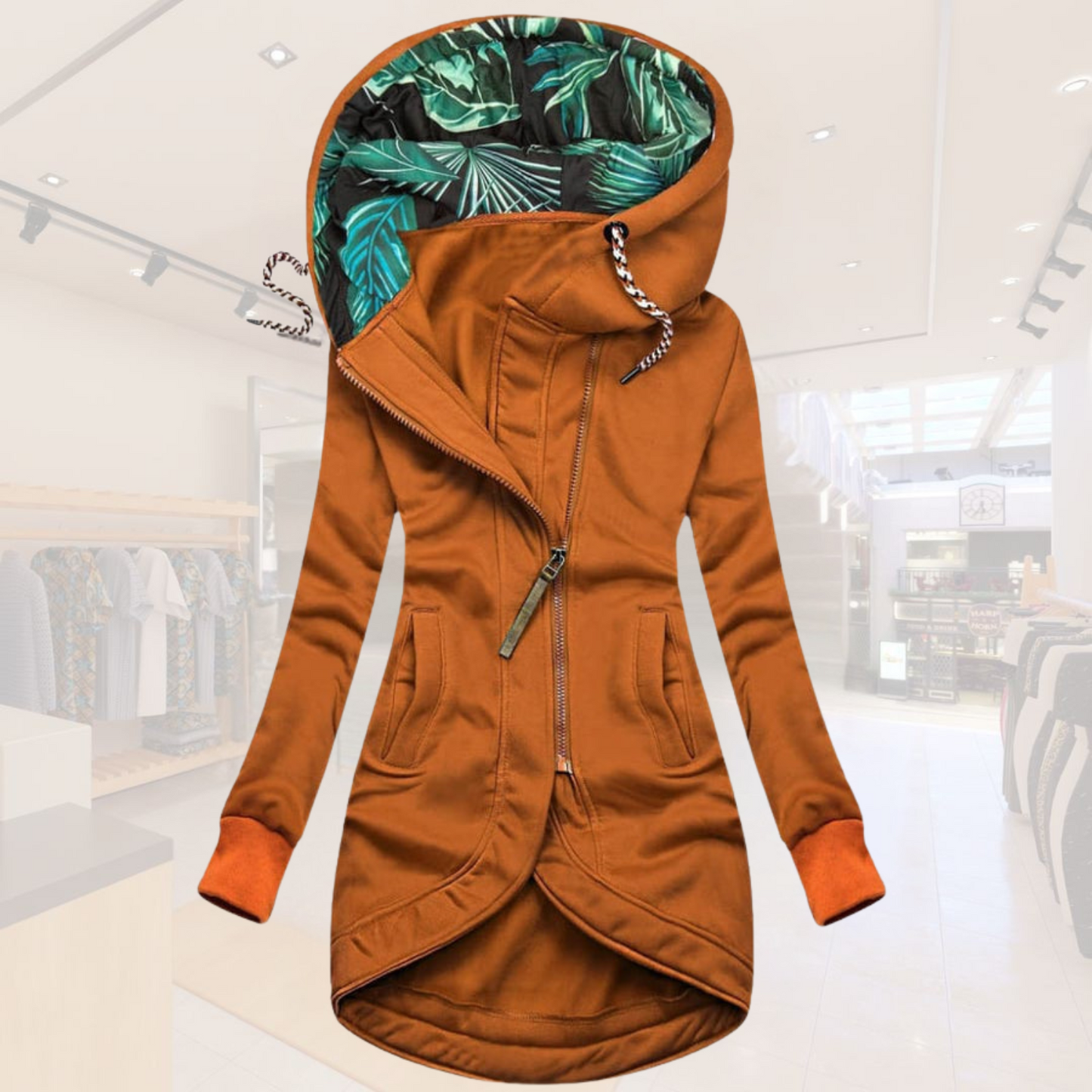 Lucía – Stylische Damen Longjacke mit besonderem Kapuzendesign