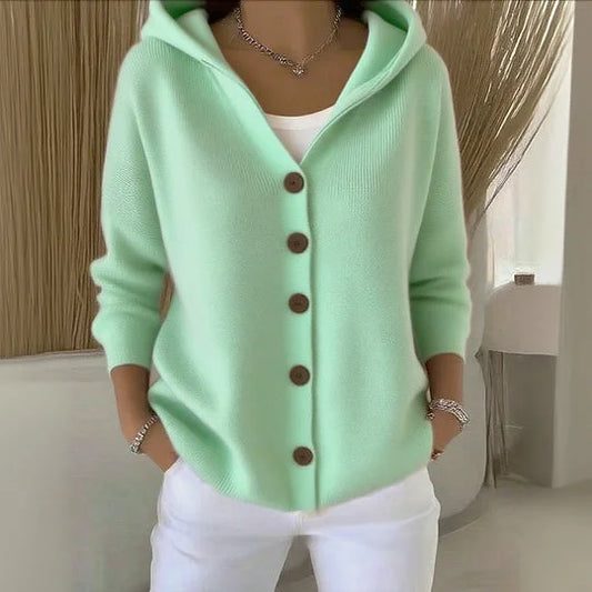 Alessia - Damen Strick-Cardigan mit Kapuze und Knöpfen