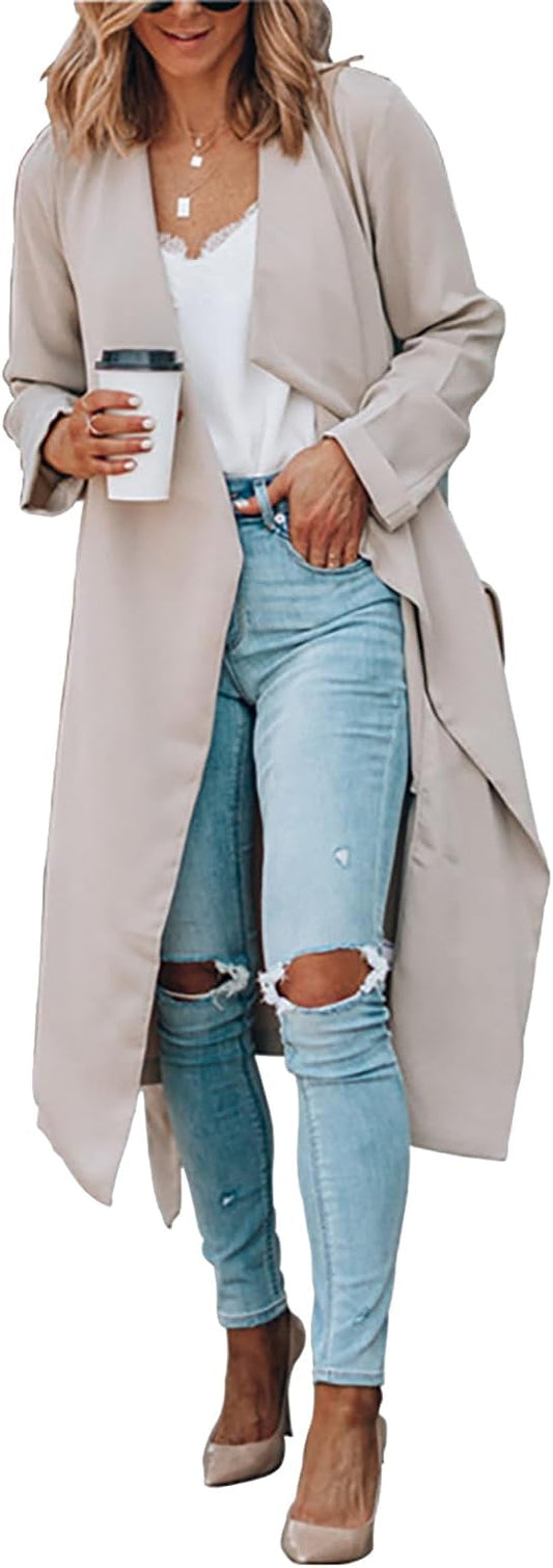 Gabardina para mujer, frente abierta, color puro, suave y cómodo, abrigo de viaje para mujer