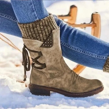 Nora - Damen Winterstiefel mit Reißverschluss und Strickbund warm gefüttert