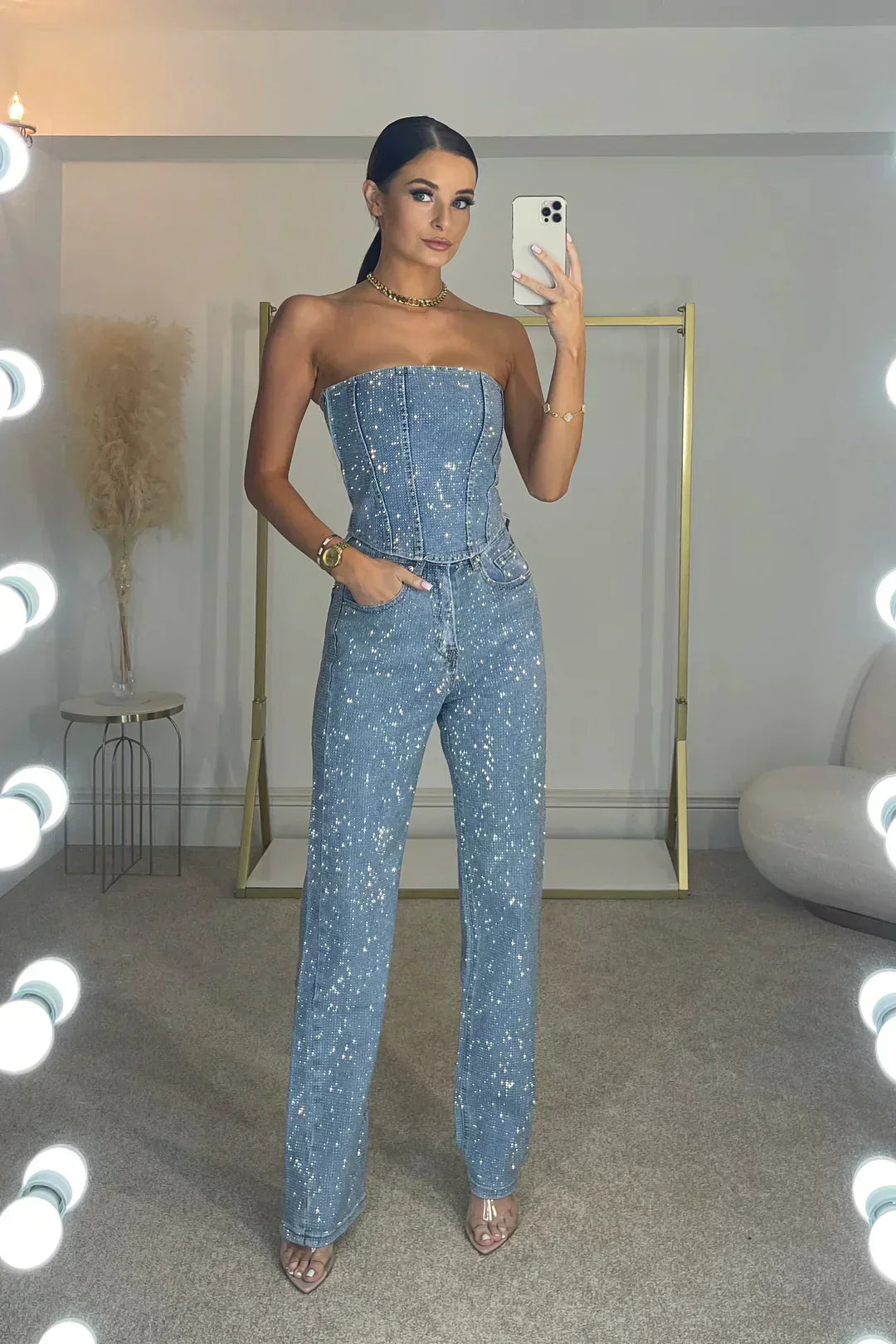 Isabelle - Damen Jumpsuit trägerlos elegant mit Glitzer