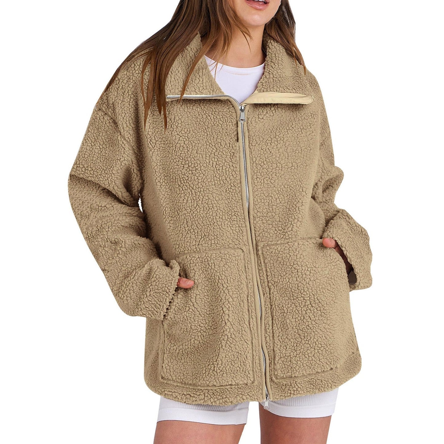 Amaya – Damen Teddyjacke mit Reißverschluss und Taschen