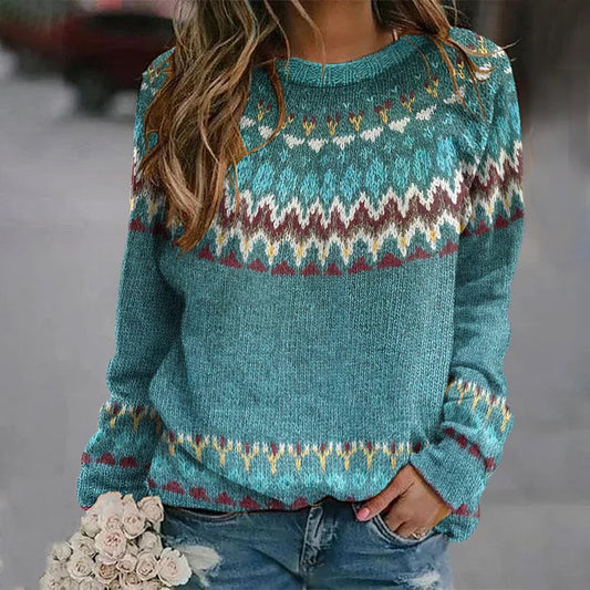 Selina - Damen Strickpullover mit Rundhalsausschnitt und Print
