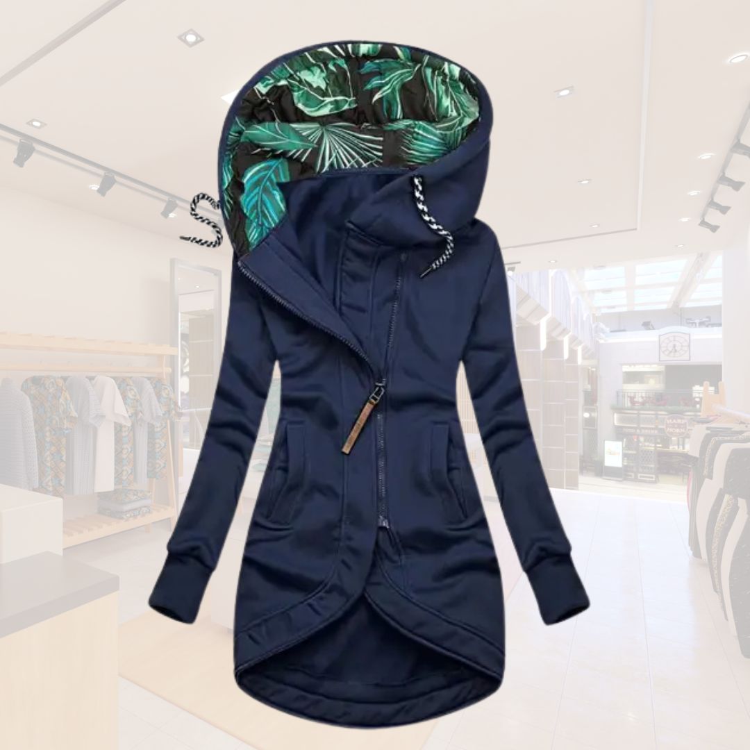Lucía – Stylische Damen Longjacke mit besonderem Kapuzendesign
