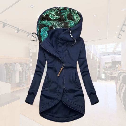 Lucía – Stylische Damen Longjacke mit besonderem Kapuzendesign