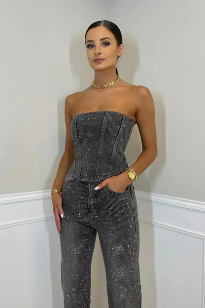 Isabelle - Damen Jumpsuit trägerlos elegant mit Glitzer