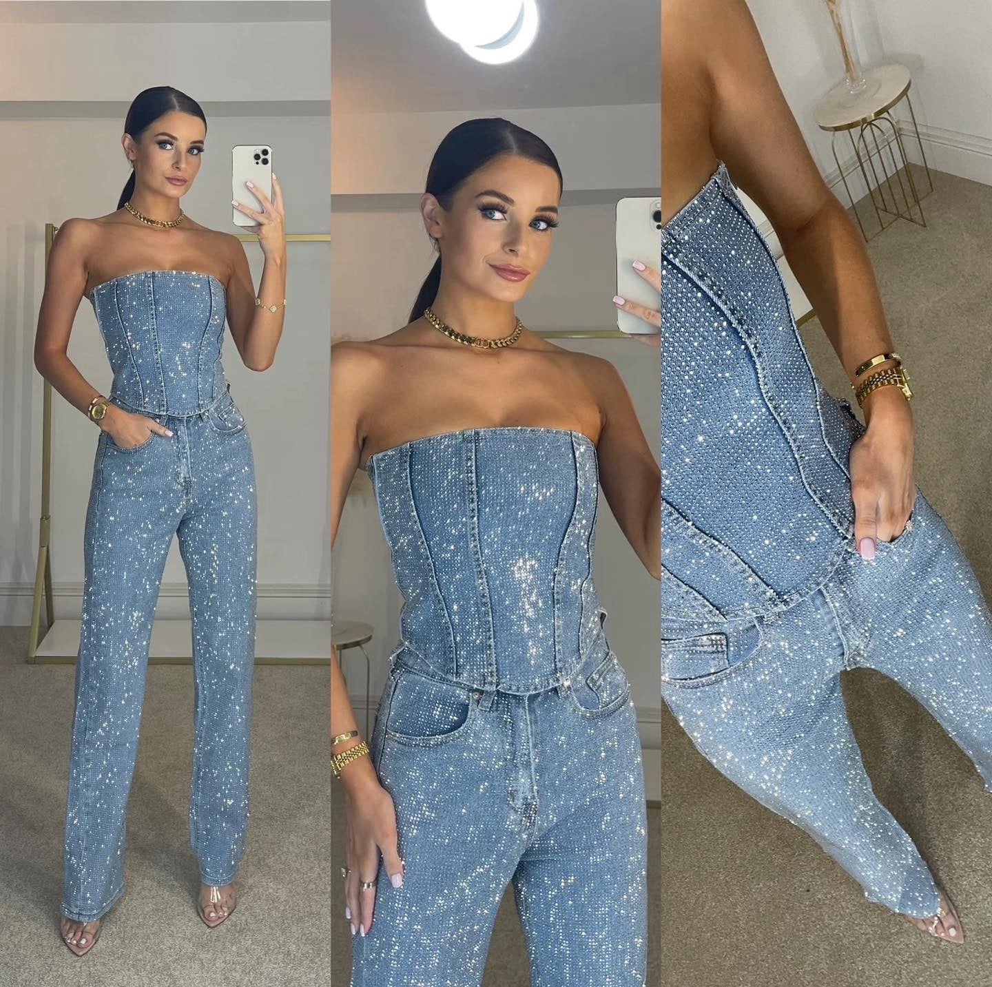 Isabelle - Damen Jumpsuit trägerlos elegant mit Glitzer