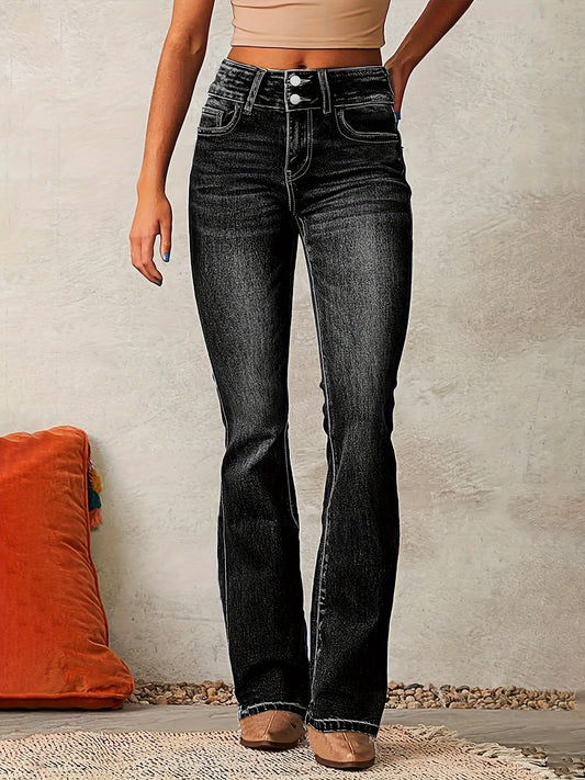 Elena – Damen Schlagjeans mit hoher Taille und Doppelknopf-Design
