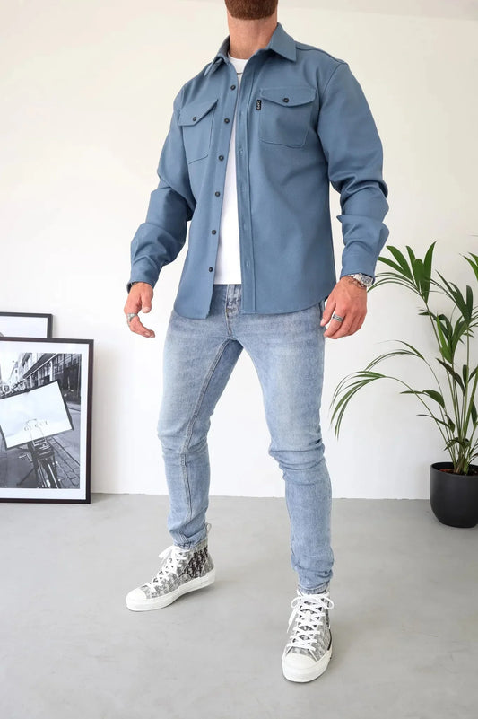 OverShirt - Herren Button-Up Langarm Shirt Jacke mit Brusttaschen-Dunkelgrau-S-Chaps Herrenmode