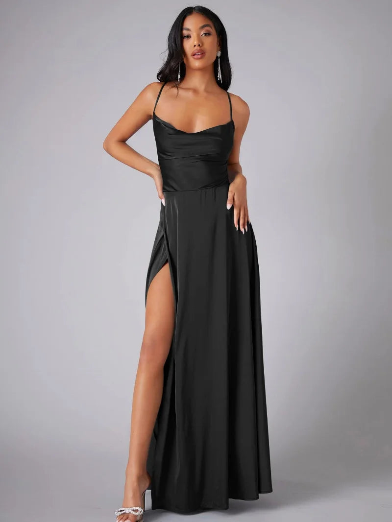 Valentina – Satin-Abendkleid Damen mit Schlitz und feinen Trägern