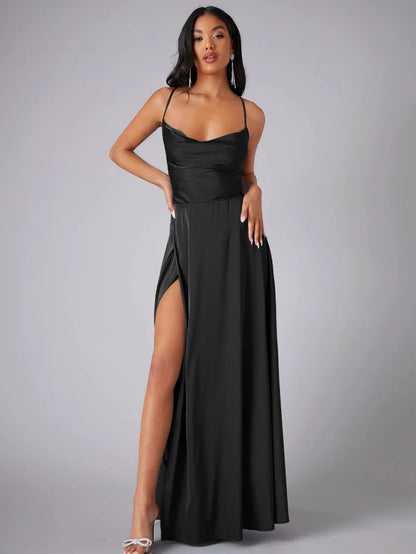 Valentina – Satin-Abendkleid Damen mit Schlitz und feinen Trägern