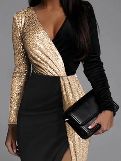 Camila – Damen Abendkleid Cocktailkleid mit Pailletten Wickeloptik V-Ausschnitt