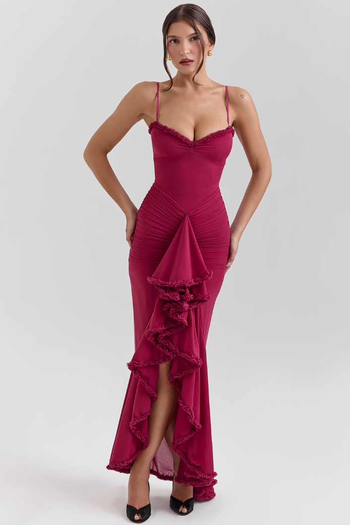 Camila - Langes Damenkleid mit Volants und Drapierung