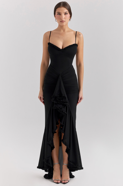 Camila - Langes Damenkleid mit Volants und Drapierung