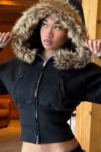 Street Style Fur Trim Sweatshirt Jacket Brown / S