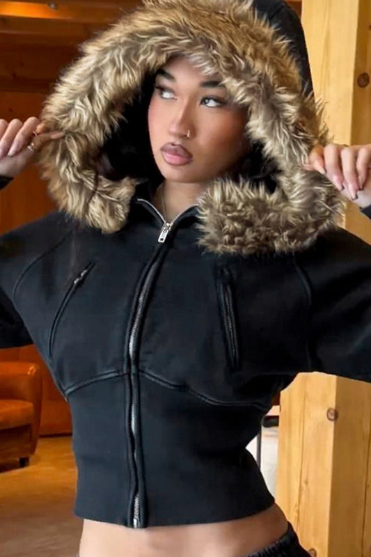 Street Style Fur Trim Sweatshirt Jacket Brown / S