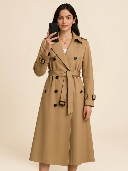 Amalia - Damen Trenchcoat mit Bindegürtel und Doppelknopfleiste
