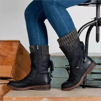 Nora - Damen Winterstiefel mit Reißverschluss und Strickbund warm gefüttert