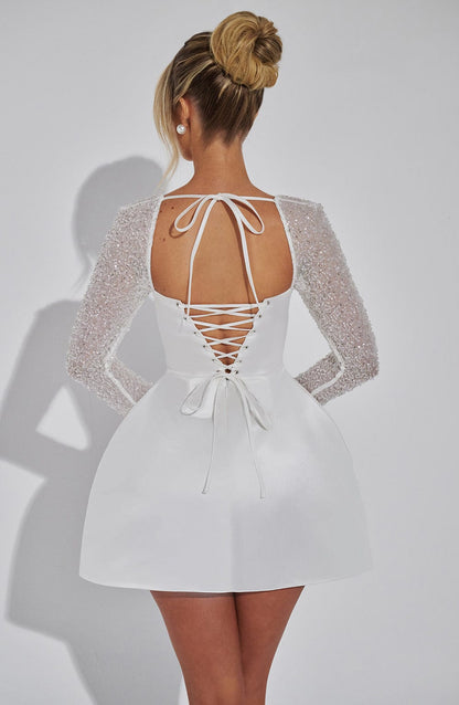 Bianca – Satin-Minikleid Damen mit glitzernden Mesh-Ärmeln