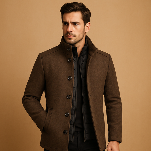 Men’s elegant wool coat with slim single-breasted fit and refined mandarin collar. Perfect for formal occasions and daily winter wear.