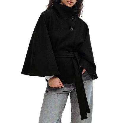 Clara - Cape-Mantel für Damen mit hohem Kragen und Bindegürtel