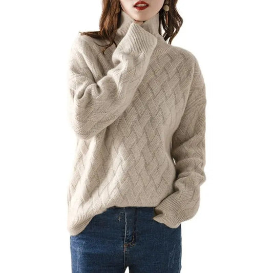 Sophie - Damen kaschmir iStrickpullover mit Zopfmuster und Stehkragen