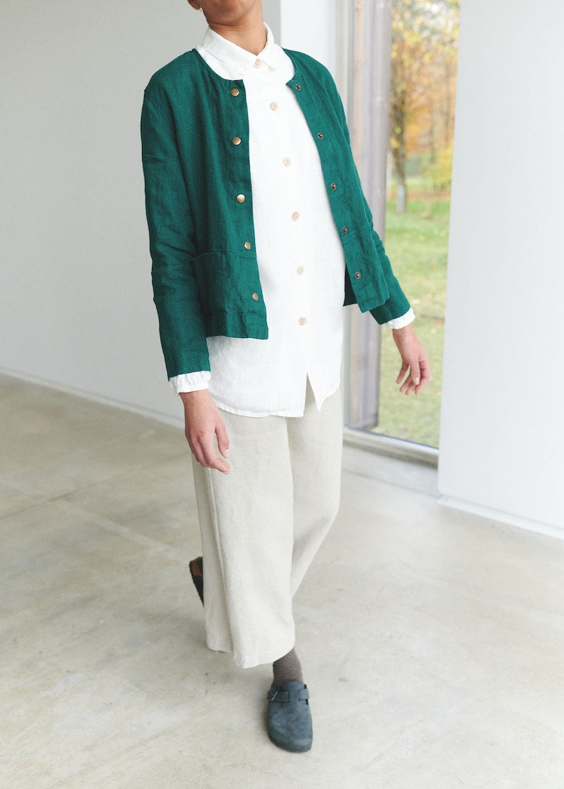Kragenlose Leinenjacke in Smaragdgrün